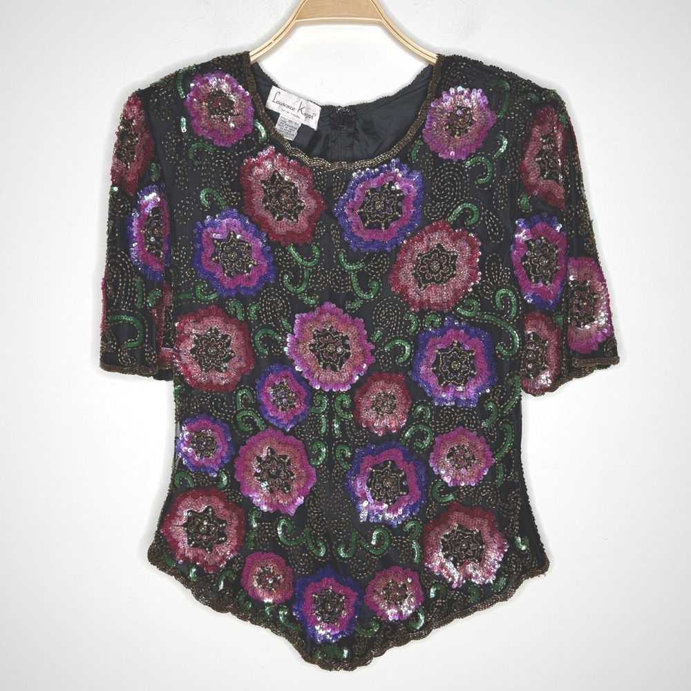 Lawrence Kazar Silk Beaded Floral Sequin Blouse‎ Top Women's L